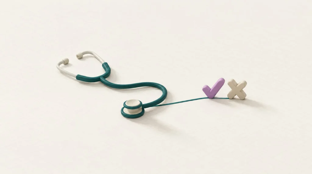 Stethoscope with a tick and a cross: marketing for doctors and legal medical practice promotion