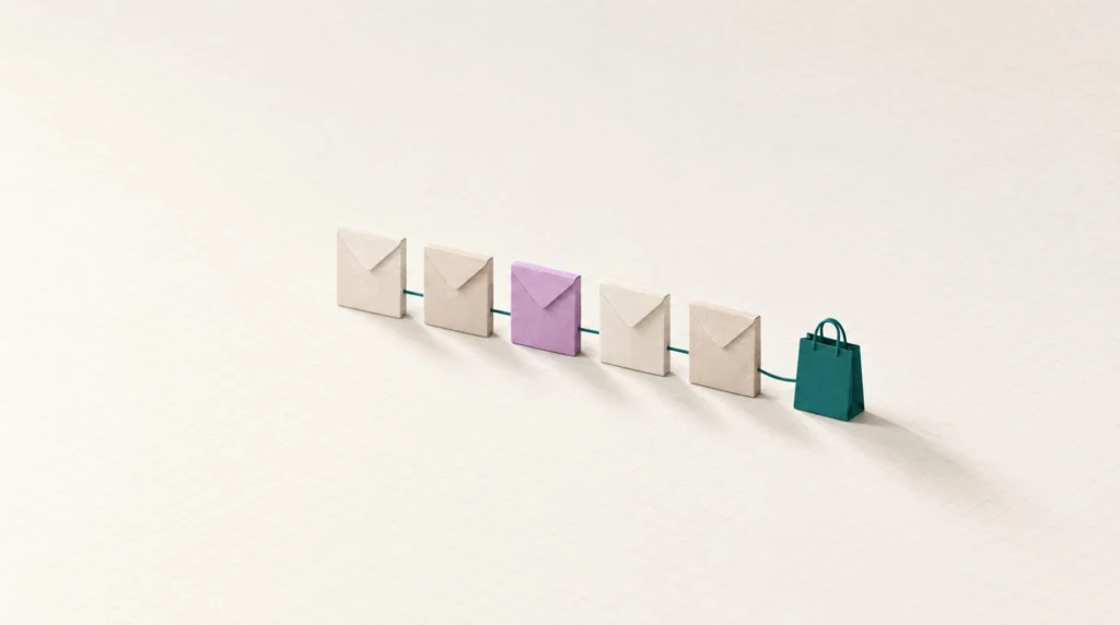 Five envelopes in a row leading to a shopping bag: automated emails for e-shops