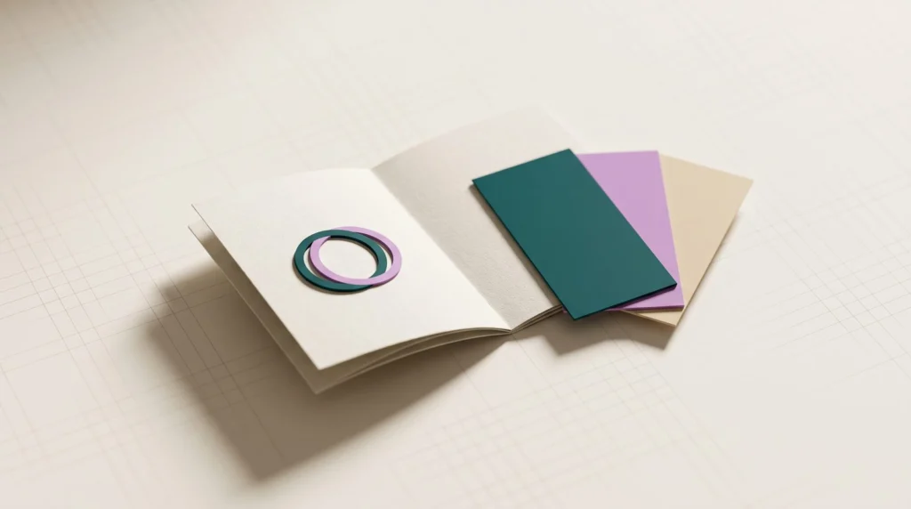 Ανοιχτό brand book με κάρτες χρωμάτων: εταιρική ταυτότητα