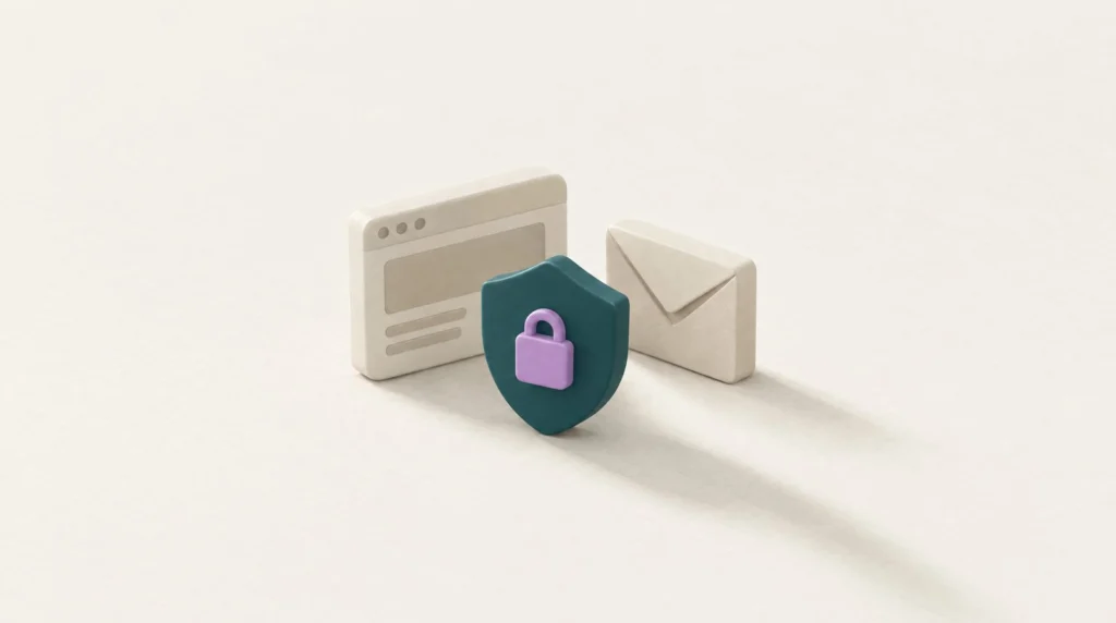 Shield with a padlock between a website window and an email envelope: website security